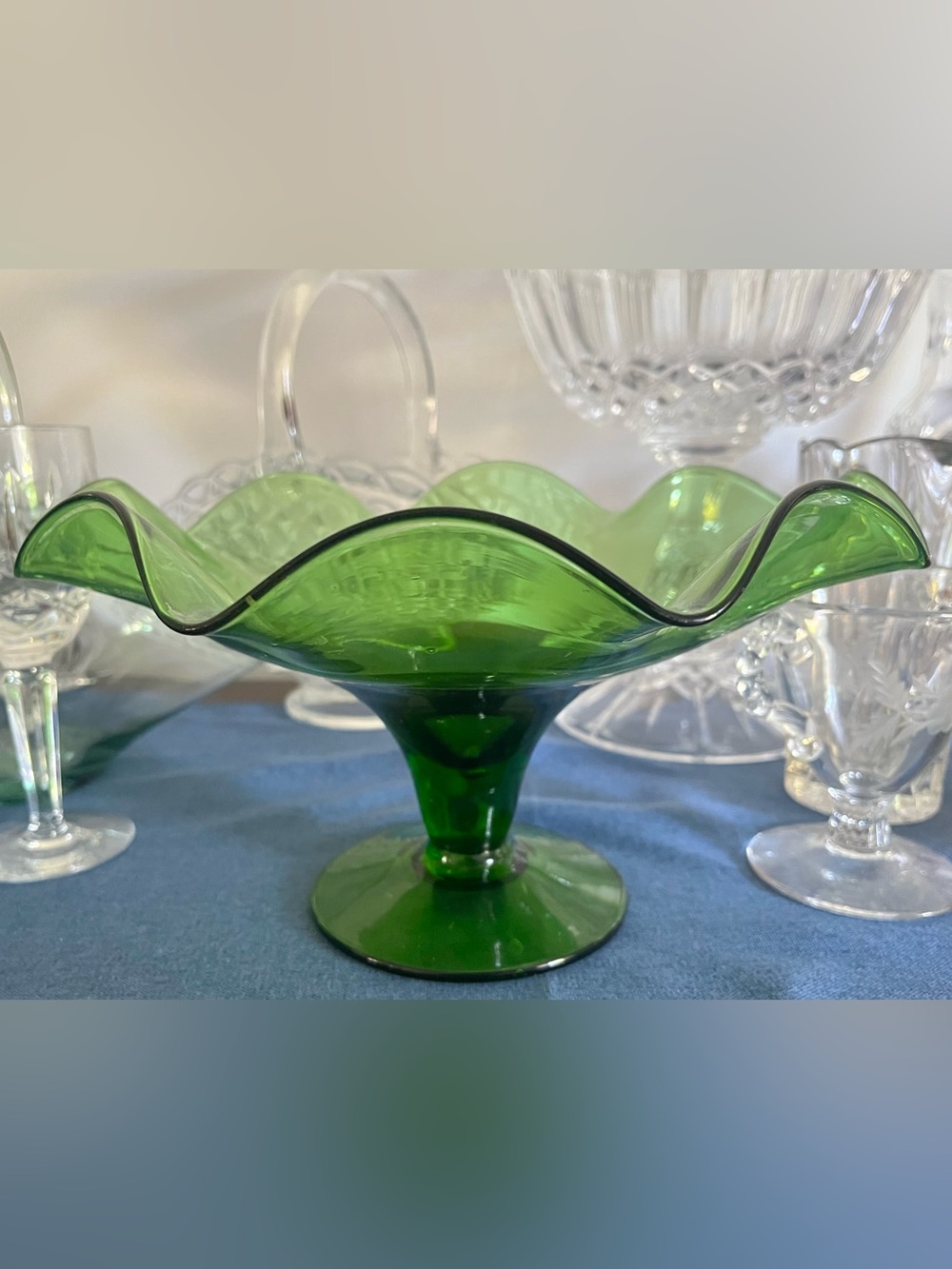 Vintage Blenko 7028 Hand Blown Pedestal Bowl Ruffled Green